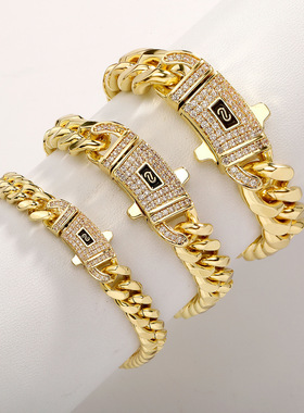 不锈钢古巴链钛钢男女款六面磨嘻哈风粗链子电镀不掉色