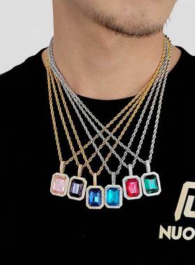 爆款嘻哈饰品方形彩色宝石吊坠项链配饰微镶锆石潮牌男士