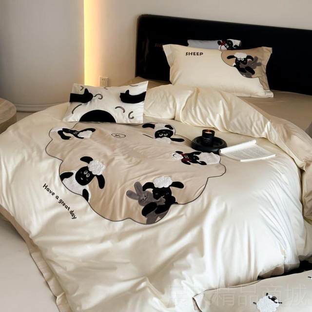 Genuine 100 long velvet cotton red bed sheet four-piece set cotton apple cat embroidery set ins wind support four-season quilt bed