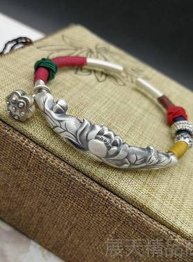 正品原创新品民族风手工线莲藕莲花99手9坠纯银饰品镯开口绕莲蓬