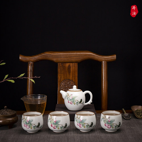 景德镇纯手工手绘汝窑中式粉彩仿古花鸟茶杯家陶瓷茶具整套装可养 - 图0