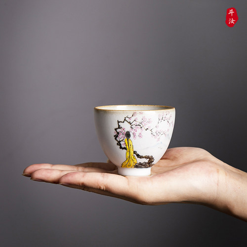 手绘仕女汝窑主人杯景德镇中式复古茶杯纯手工品茗杯高端陶瓷单杯 - 图2