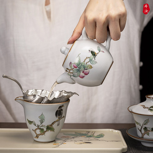 景德镇纯手工手绘汝窑中式粉彩仿古花鸟茶杯家陶瓷茶具整套装可养 - 图1