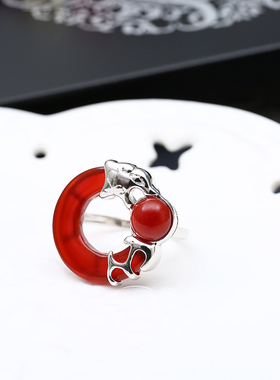福上福中国红玛瑙纯银戒指