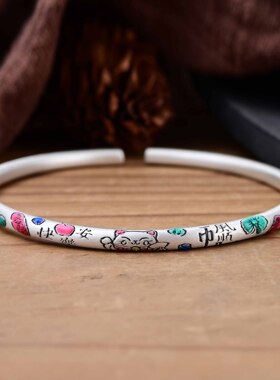 新款S999千足银国潮猫咪开口手镯