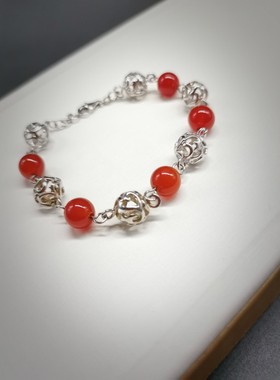 本命年手链牡丹缘银复古玛瑙女