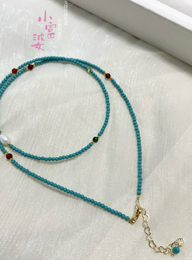 极细天然淡水珍珠孔雀石仿绿松石串珠项链女高级感小众锁骨链配饰