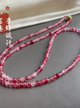 天然红玛瑙玉髓4mm梅花玉项链女款轻奢长乱圆珠链毛衣链设计感