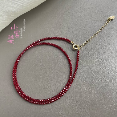 安克拉深红尖晶刻面锁骨链 女夏季百搭极细2mm酒红色串珠颈链