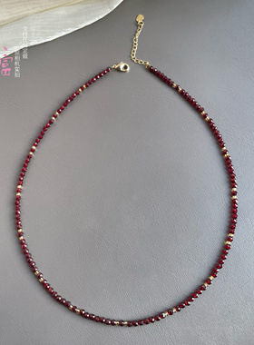 中式韩风安克拉深红刻面尖晶石项链女高级质感闪闪3mm锁骨链可定