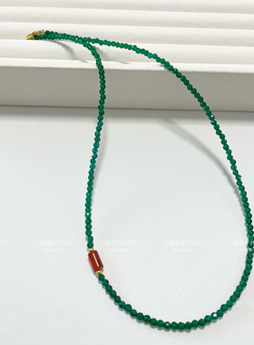 原创新中式国风绿水晶色尖晶石刻面项链女925银锁骨链简约珠链