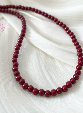 天然原矿紫金砂红朱砂4m圆珠帝王砂新年红色项链女轻奢礼物锁骨链
