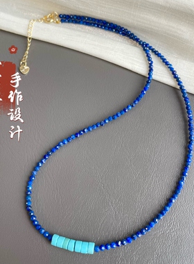 原矿高瓷蓝色天然青金石刻面锁骨链绿松直切隔片微笑女款项链绿色