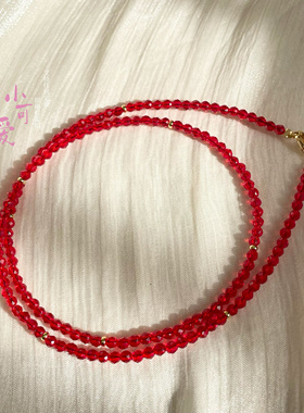2025新年红红色锁骨链项链本命年招财串珠刻面3mm转运珠搭配珠链