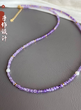 周同款天然梦幻紫水晶小方糖项链女银S925法式优雅锁骨链生日礼物