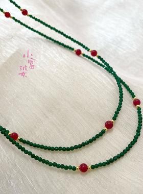 绿尖晶色串珠长款红玛瑙斜挎链新中式国风项链古风旗袍毛衣链配饰