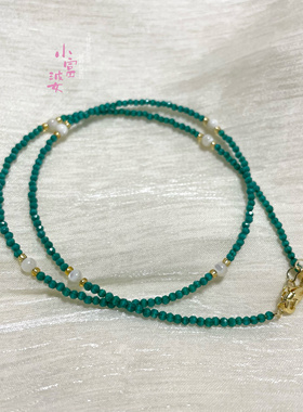 绿猫眼尖晶项链女款锁骨链祖母绿天然贝母极细2mm小米珠颈链串珠