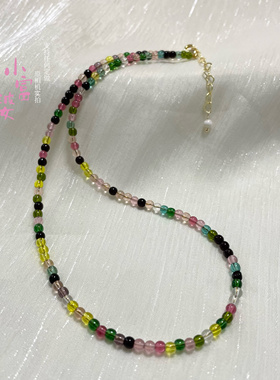彩虹色标级多巴胺小米粒项链颈链锁骨链仿碧玺极细款轻奢感小众