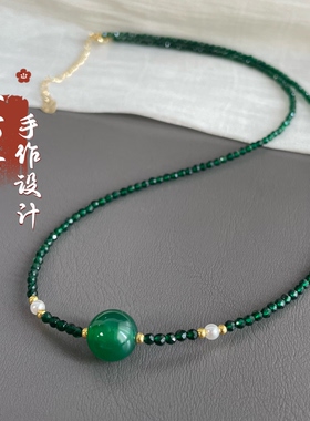 天然玛瑙大圆珠玻璃种锁骨链新中式国风百搭显白项链女款菠菜绿色