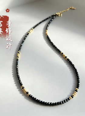 超闪黑色尖晶石极细2mm锁骨链纯色金珠显白项链女款高级感轻奢系