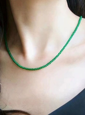 绿玛瑙玉髓小米珠细锁骨链极细阳绿翡翠色项链原创女礼物水晶转运