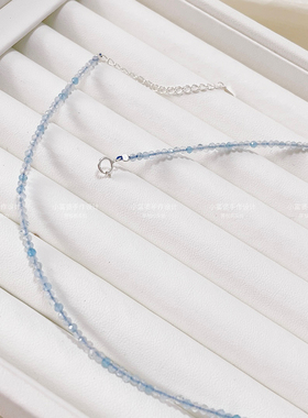 天然海蓝宝天然石锁骨链 极细轻奢2m刻面女款颈链925纯银个性小众