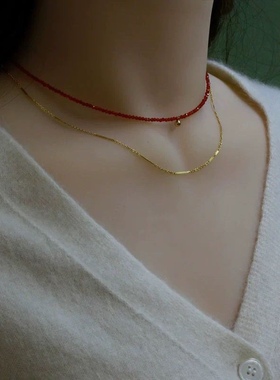 极细2mm大红色切面水晶圆珠小金豆项链女美产14K包金像红绳锁骨链