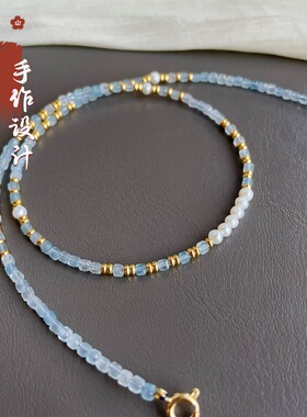 高级风天然淡水珍珠小米珠海蓝宝方糖锁骨链项链女款轻奢蓝色颈链