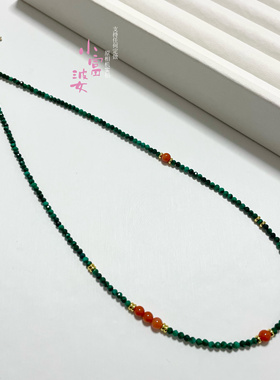 天然保山柿子红南红绿色孔雀石锁骨链刻面14k镀金项链女轻奢高级
