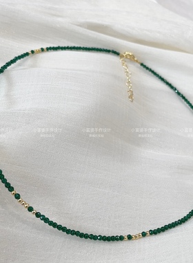 中式祖母绿色尖晶石锁骨链 博主同款14k小金珠女颈链项链 极细2mm