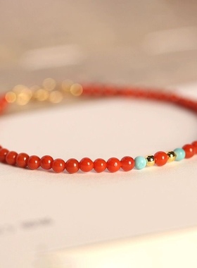 3mm凉山仿南红玛瑙手串小米珠圆珠单圈本命年细款柿子红手链女小
