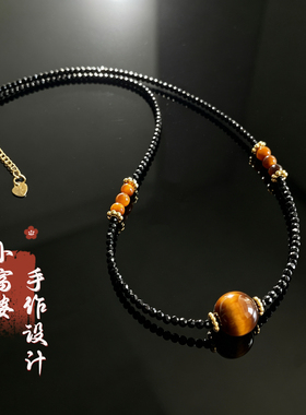 天然虎眼石项链新中式黑色尖晶石轻奢复古小众美拉德风锁骨链百搭