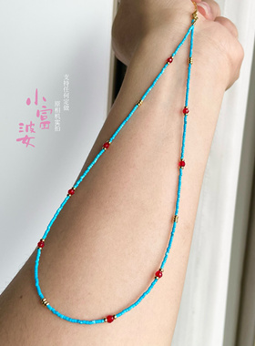 1mm极细绿松石小管珠锁骨链百搭轻奢女款红色菱镁矿天然白松烤色