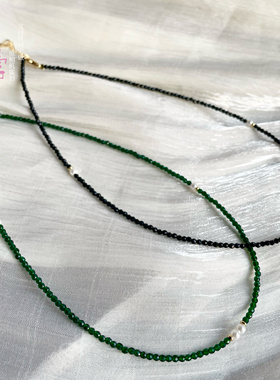 高级感爆闪亮黑尖晶水晶锁骨链绿色尖晶石头刻面2mm细珍珠项链女