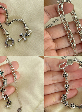 复古十字花球手链欧美嘻哈个性小众霸气十字架经典款泰银手链男女
