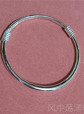 正品999纯银 手 小孩大人宝宝亲子款简约镯光推拉银镯子面手环送