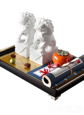 正品中式白色小狮花托盘组合摆件样板间新茶艺几家居艺术软子装饰