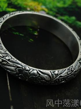 正品红银古银手牡镯99纯银手工浮雕女实心民族风盛放丹开覆口银镯