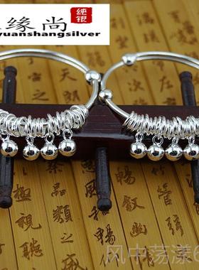 正品新款S9足银手9镯童宝宝男女纯银0手镯 推拉小铃铛圆球婴儿银