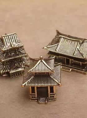 黄铜中式古建微缩假山鱼缸摆件