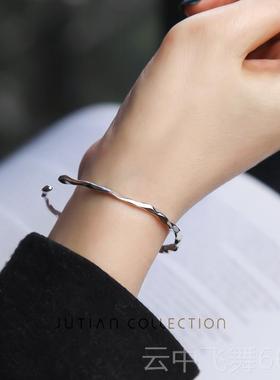 正品UTI凸AN 银手镯女纯INJS个性潮简约不规则凹面女细款百搭银饰