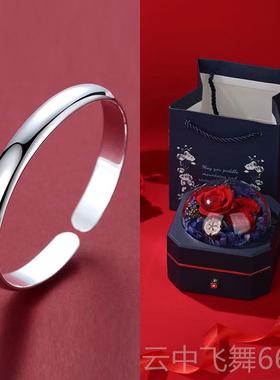 正品贵妃纯银手镯9品99镯子女开口友简约饰光面七夕礼物送女妈妈