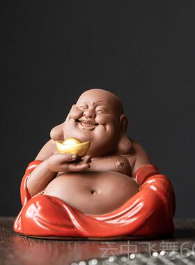 正品中笑式红色大肚饰勒佛佛客厅博古架办公弥室桌面装品陶瓷招财