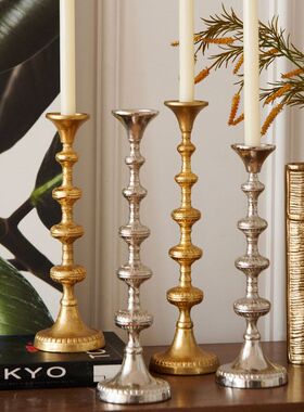 简约手工锤纹银色烛台装饰品轻奢复古金罗马烛台异形高脚铝制烛台