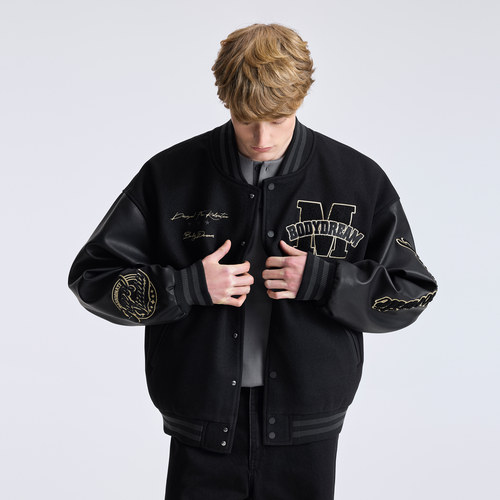 BODYDREAM重工3D立体刺绣皮革棒球服男2026秋季新款毛呢外套夹克 - 图1