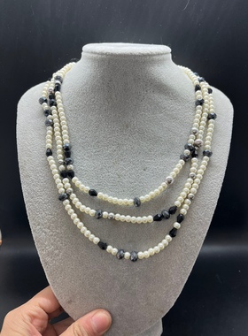 三层黑色复古短款项链白色琉璃珍珠不规则捷克水晶珠项链