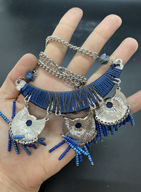 蓝色复古流苏波西米亚民族风米珠短款项链时尚吊坠