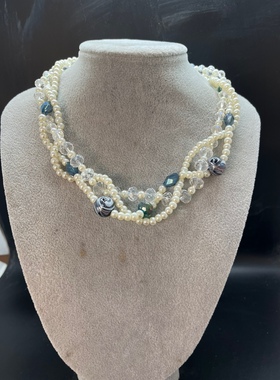 捷克水晶珠三层不规则麻花短款项链白色琉璃珍珠 长度45厘米左右