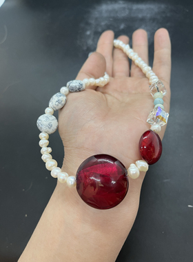 红色琉璃捷克水晶珠方珠陶瓷淡水珍珠不规则短款项链白色原创可爱