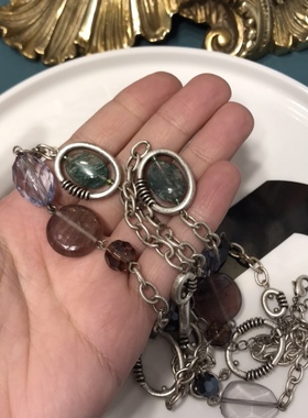 Vintage中古天然水晶复古烤银琉璃长款项链 略氧化